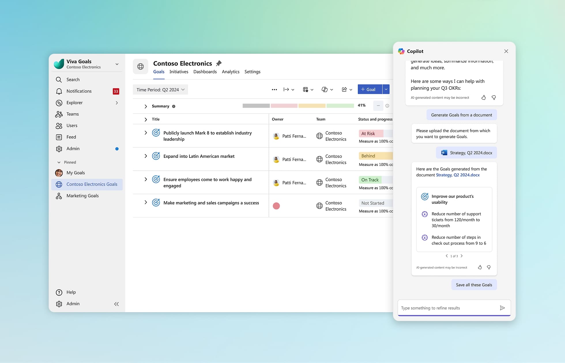 Generare nuovi OKR basati su un documento con Copilot in Viva Goals