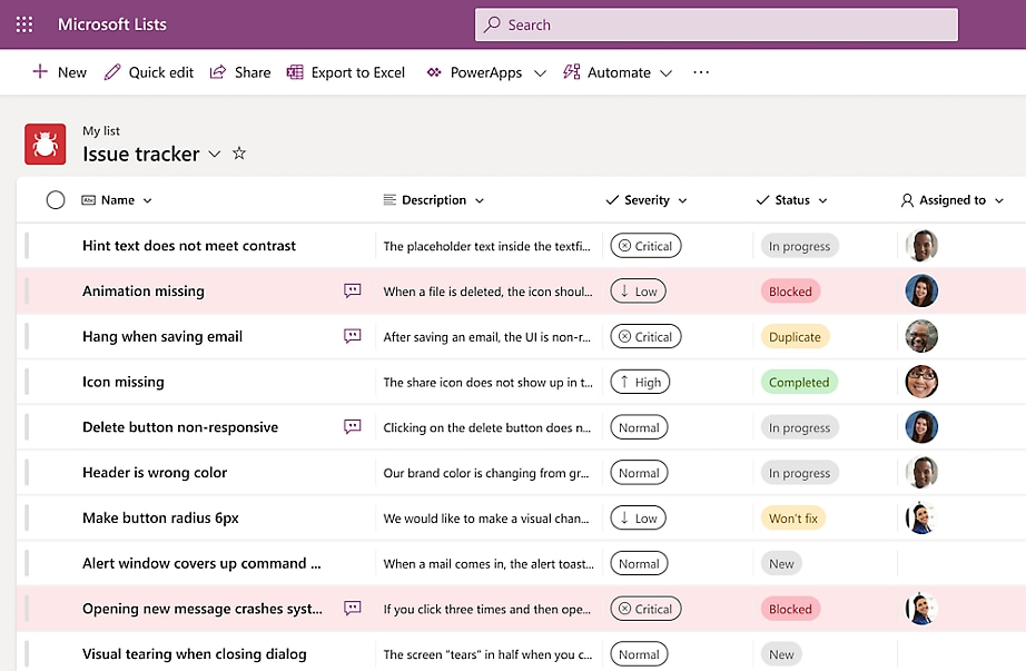 Modello Issue tracker di Microsoft Lists