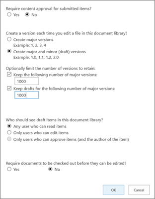 Configurazioni per il versioning di una libreria SharePoint