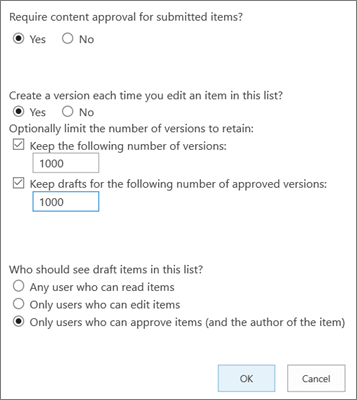 Configurazioni per il versioning di una lista SharePoint