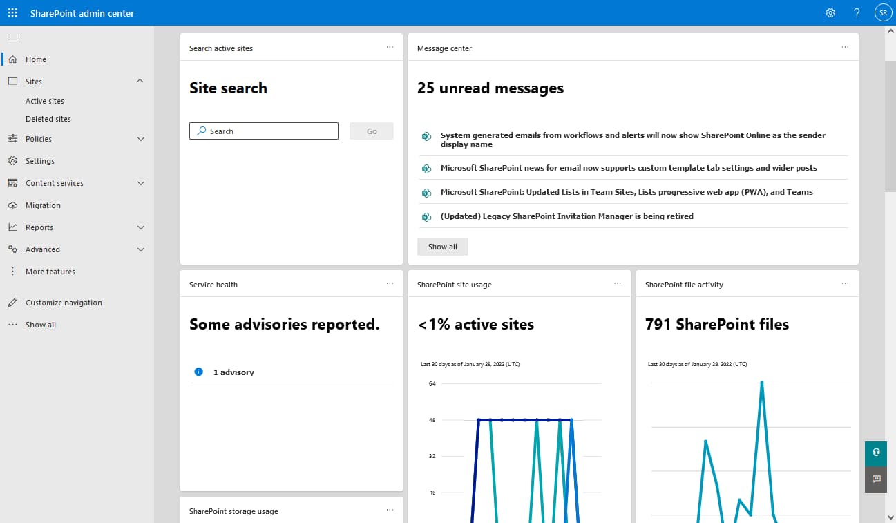 Home page del SharePoint Admin Center