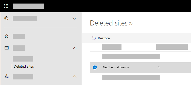 Comando "Restore" nella sezione Deleted Sites del SharePoint Admin Center