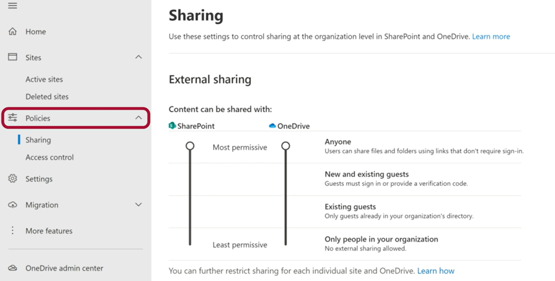 Impostazioni per la condivisione dei file nel SharePoint Admin Center