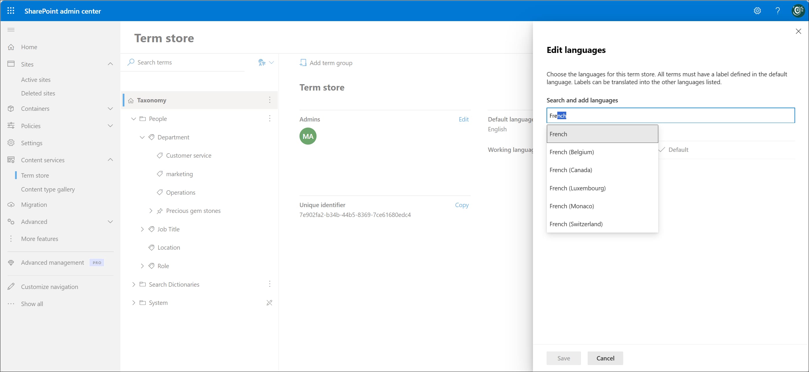 Definire la lingua del Term Store nel SharePoint Admin Center