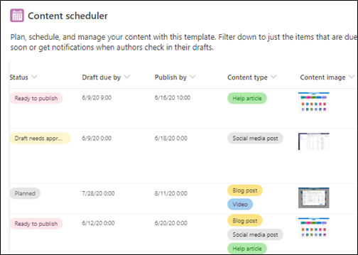 Modello Content scheduler per le liste SharePoint