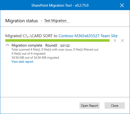 Report on migration provided by SharePoint Migration Tool