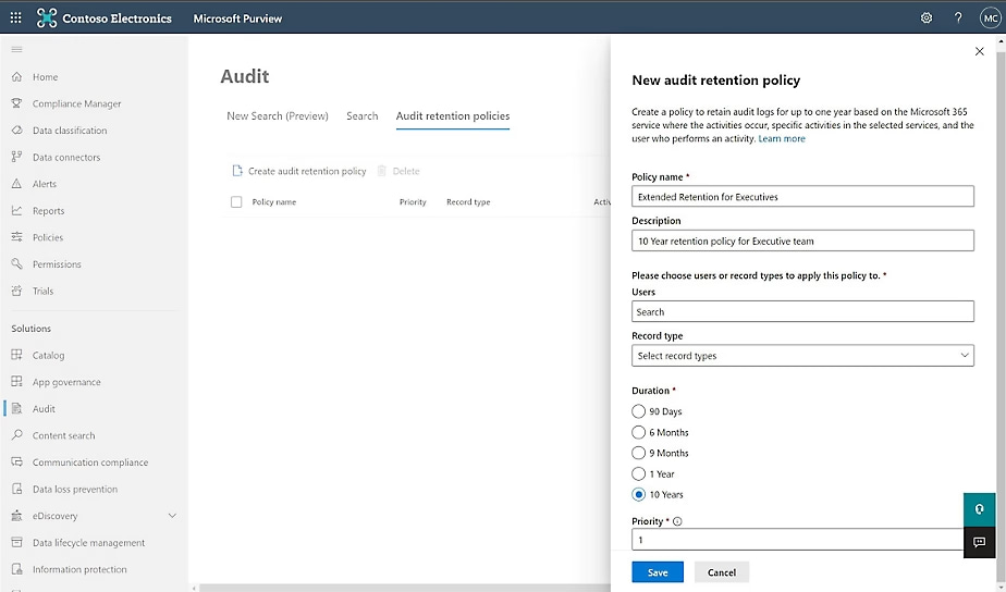 Creating new data retention policies for SharePoint audit logs
