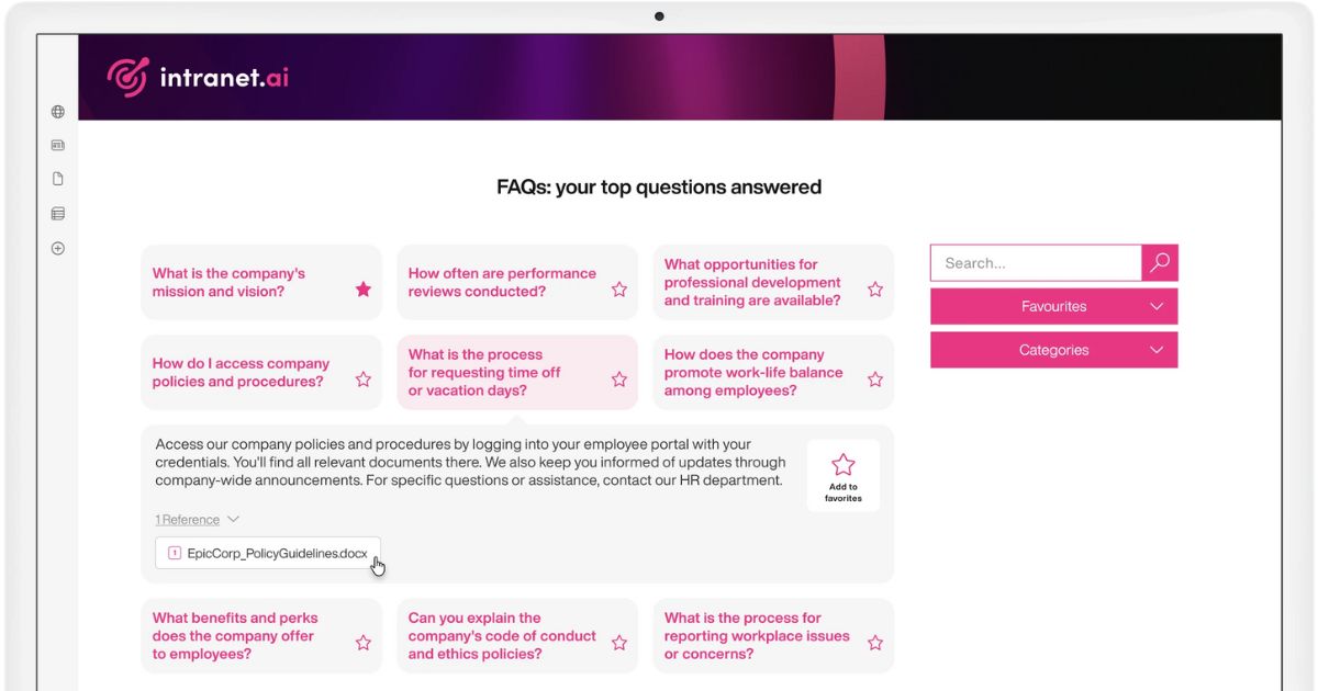 Panoramica di una pagina FAQ creata con intranet.ai