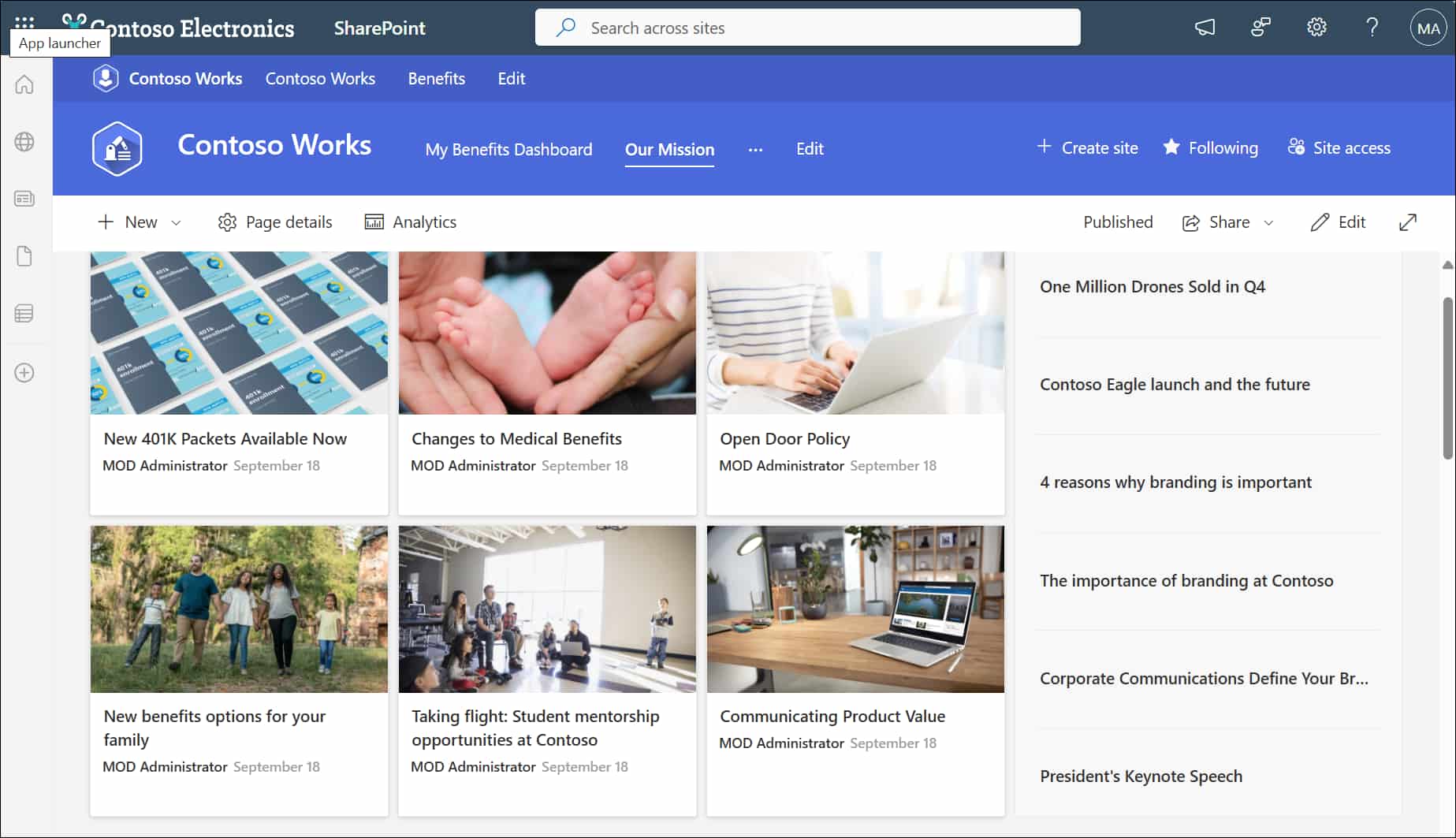 Example of a hub site built with SharePoint Online