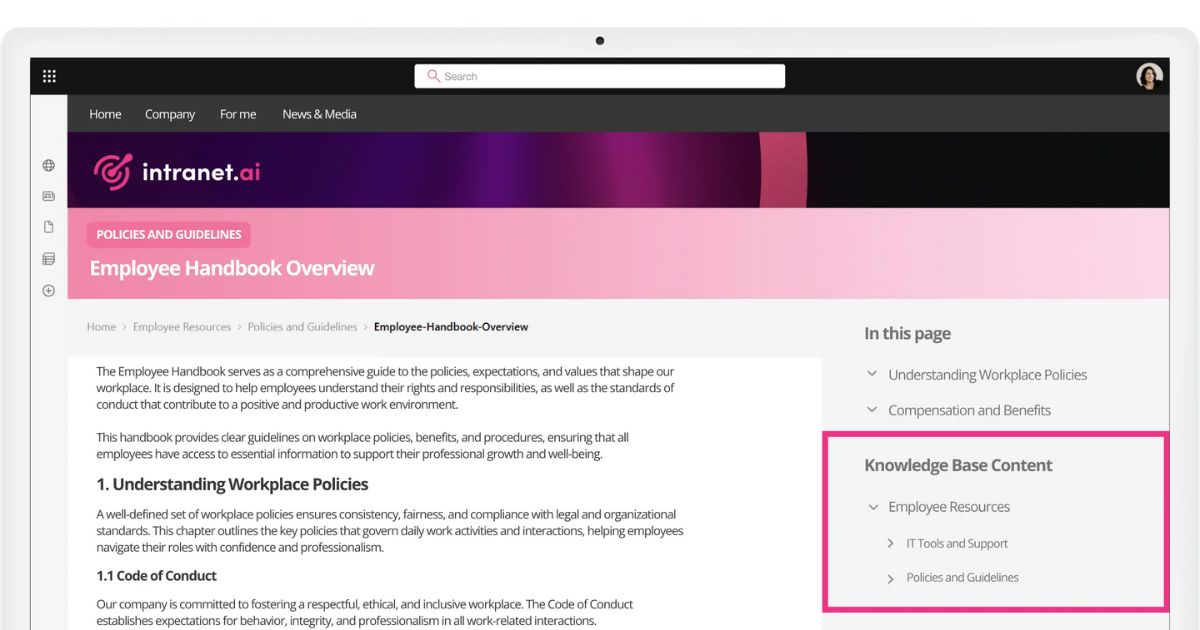 Intuitive menus to navigate the content of the SharePoint intranet by intranet.ai