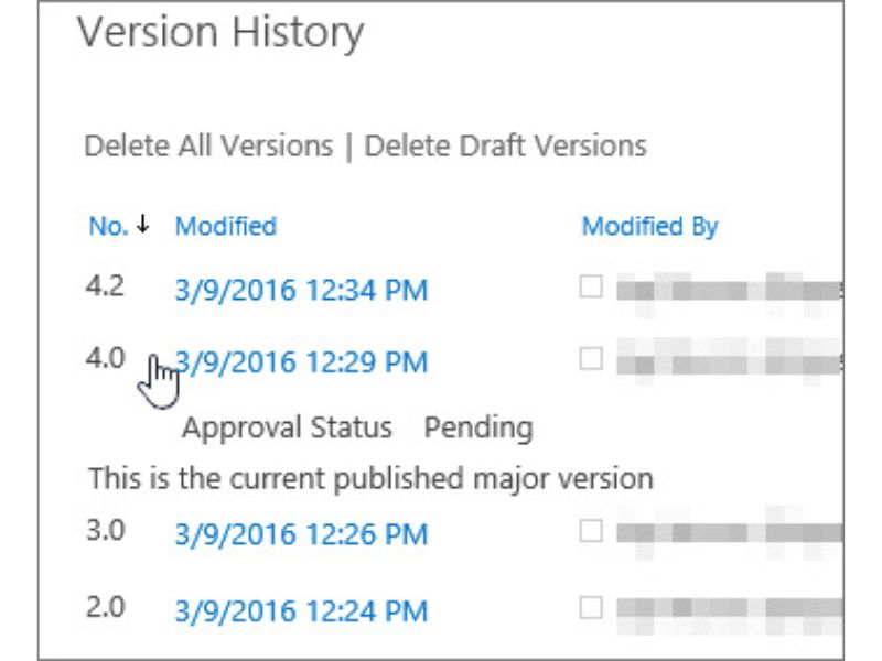 Details of the versions saved in the SharePoint history