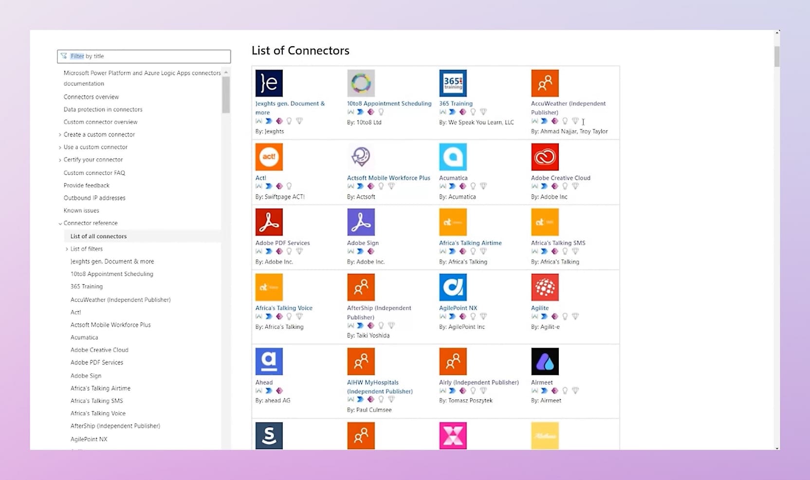 Galería de los conectores disponibles en Microsoft 365