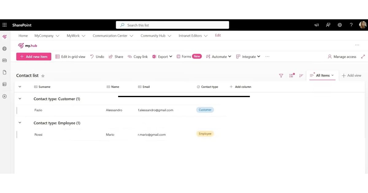 Creare una lista contatti su SharePoint